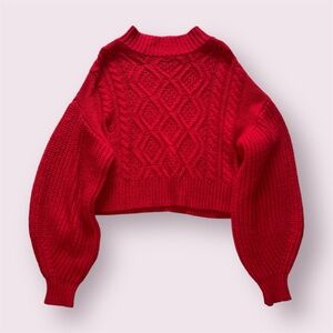 Kaari Blue Red Cable-Knit Cropped Cowlneck Sweater